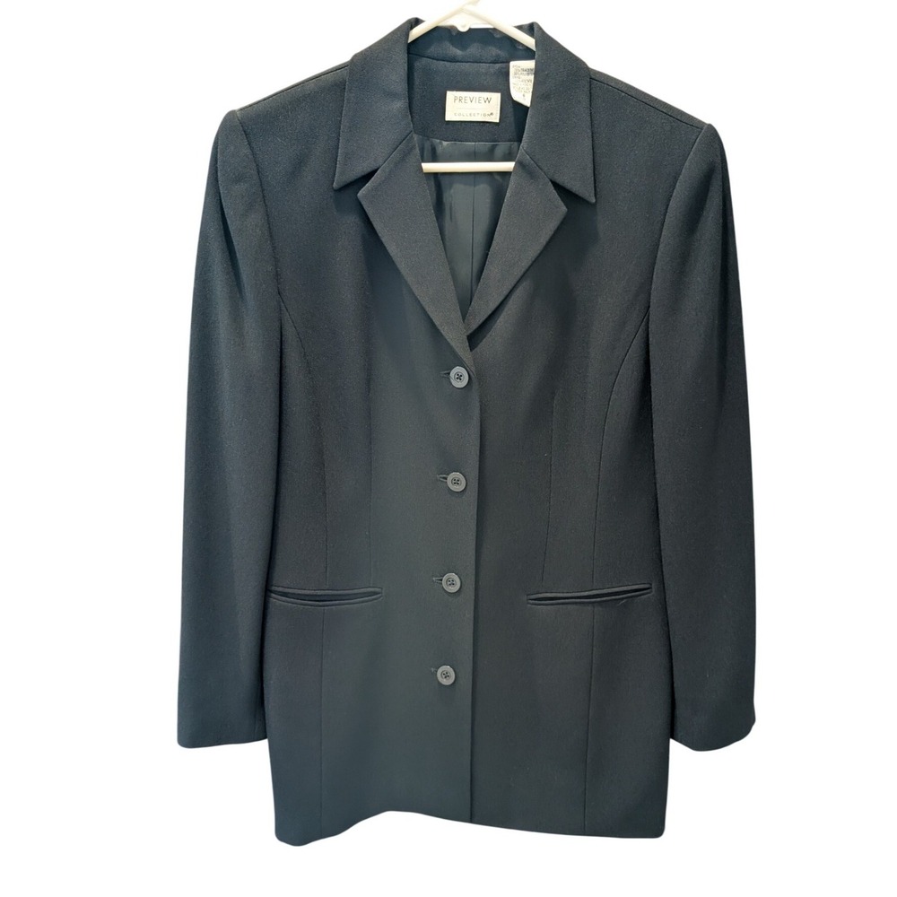VTG Preview Collection Womens Blazer Jacket Black 4-Button Sz 6 Fitted Business